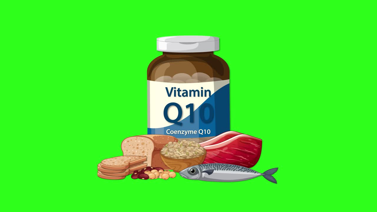 Vitamin Q10 bottle appears with fish, nuts, and grains on vibrant green screen background