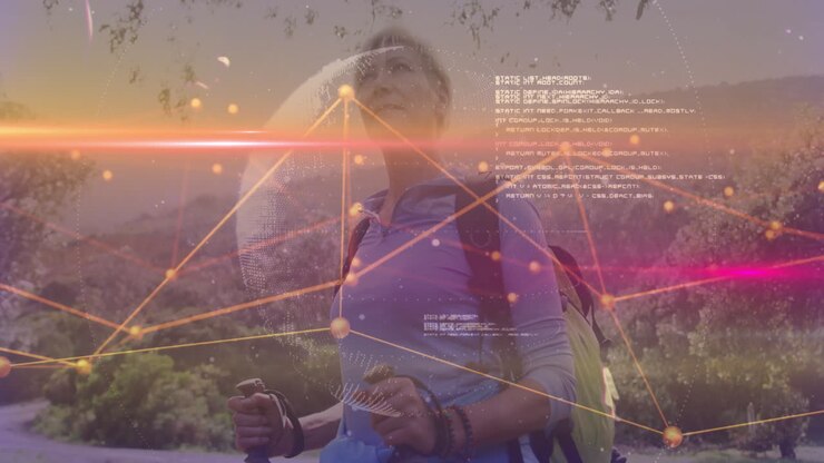 Mature female hiker navigating trail using neon lines, wireframe globe for tech marketing