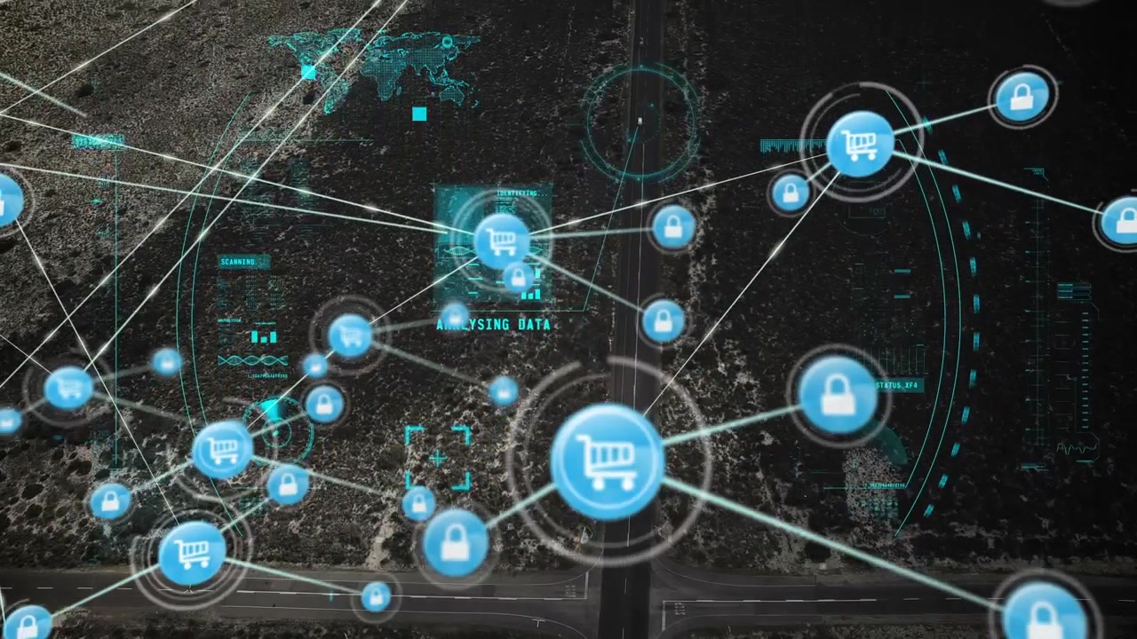Animazione di una rete di connessioni e una scansione radar su un paesaggio urbano.