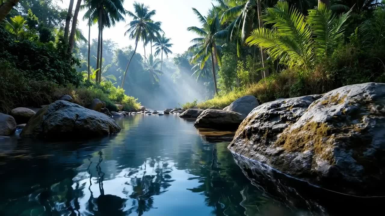 A small river in the middle of a lush green forest
