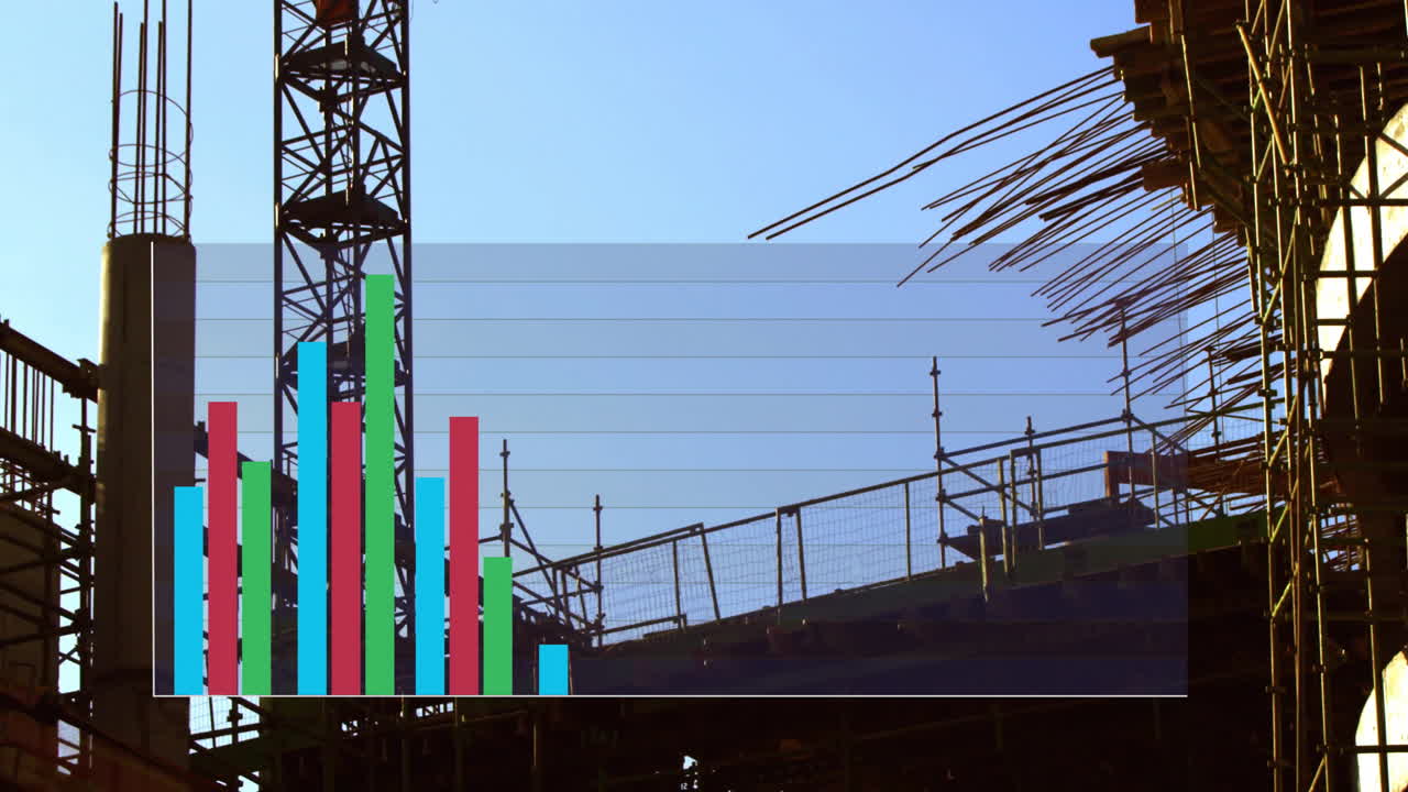 Bar chart animation over construction site with scaffolding and steel structures
