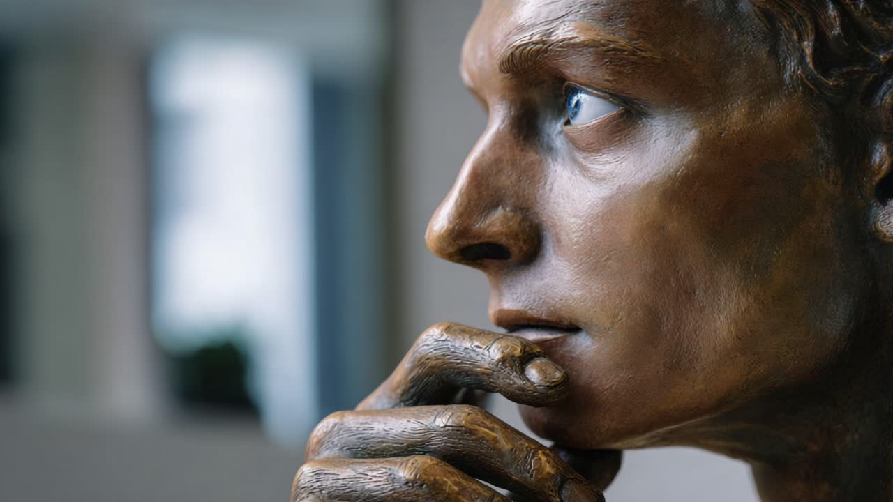 Thoughtful Bronze Sculpture Capturing Introspection and Curiosity with a Detailed Close-Up of an Expressive Facial Profile and Artistic Features