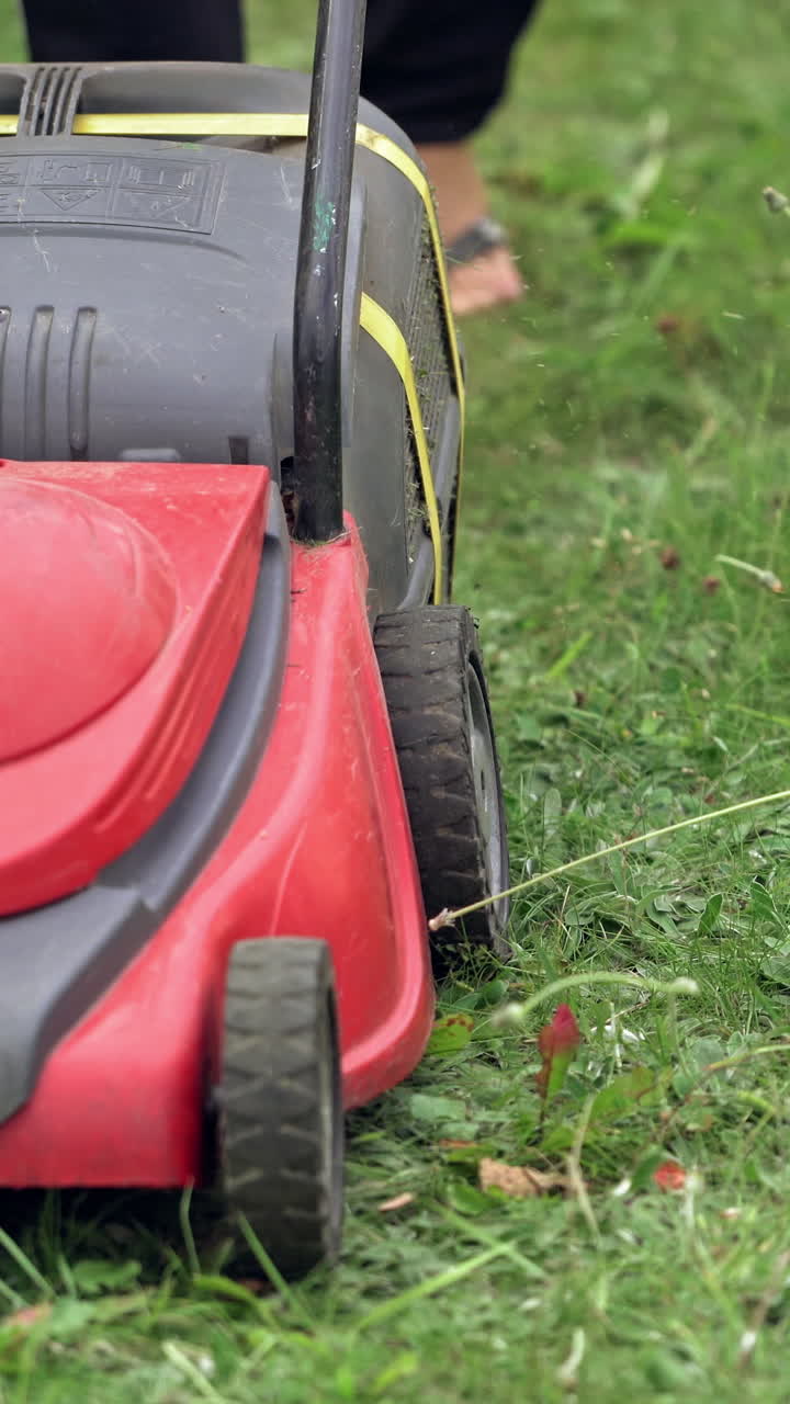 Gardening activity. Green grass in the garden and a worker with lawn mower. Electric machine for mowing grass. Close-up. Vertical video