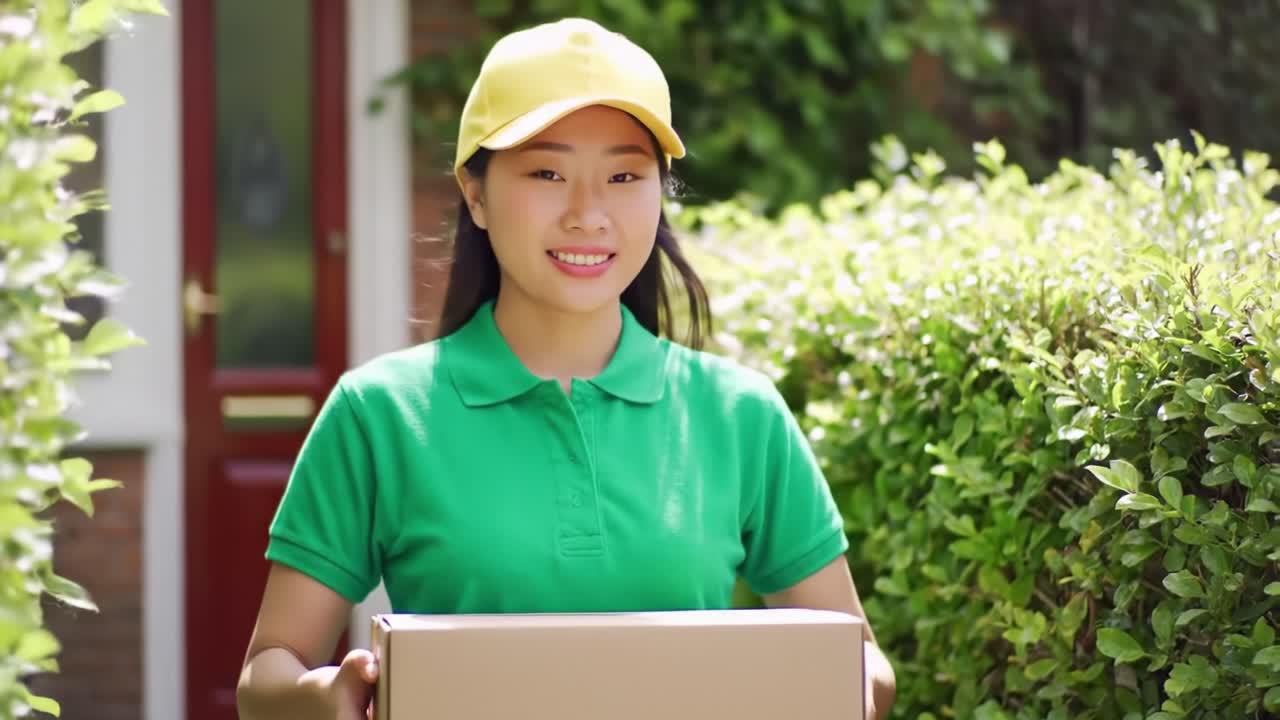 A Smiling Delivery Person in a Green Polo and Yellow Cap Carrying a Package Surrounded by Lush Greenery, Bringing Joy with Every Delivery