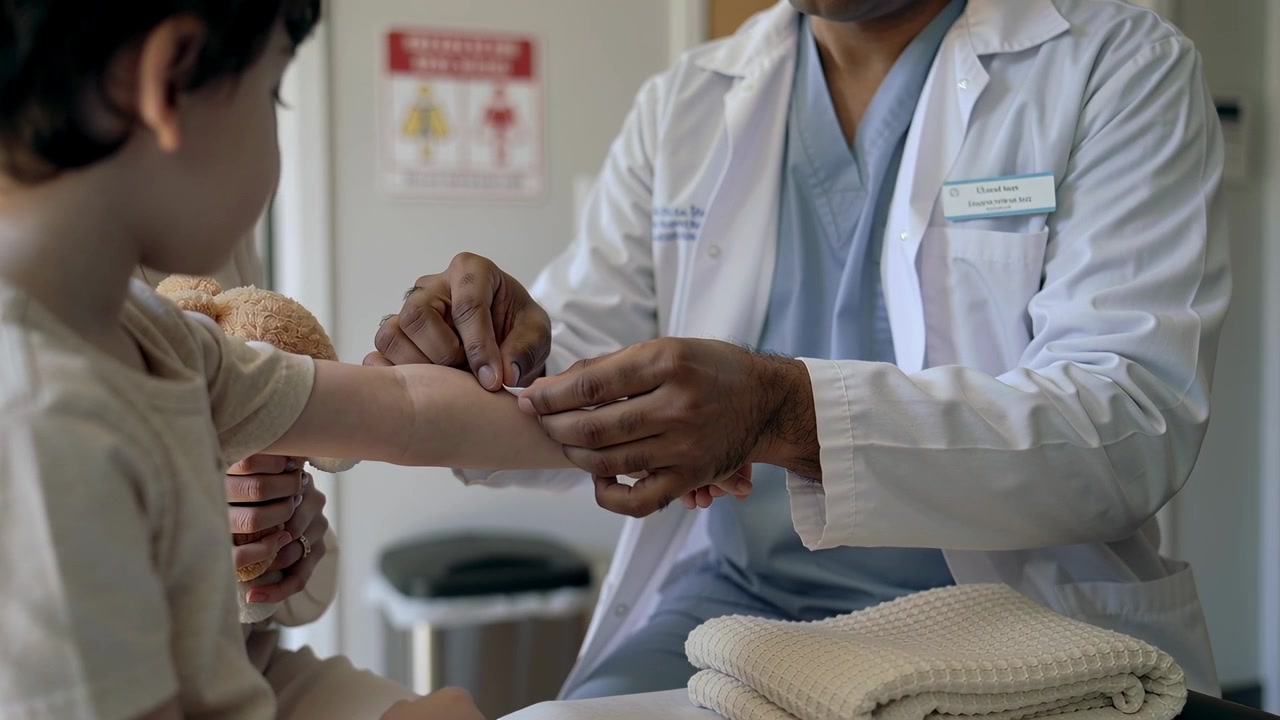 Extending arm, child, doctor in scrubs applying bandage covering cut at clinic with teddy
