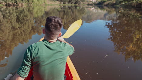 sport, lake and back of man in kayak for fitness