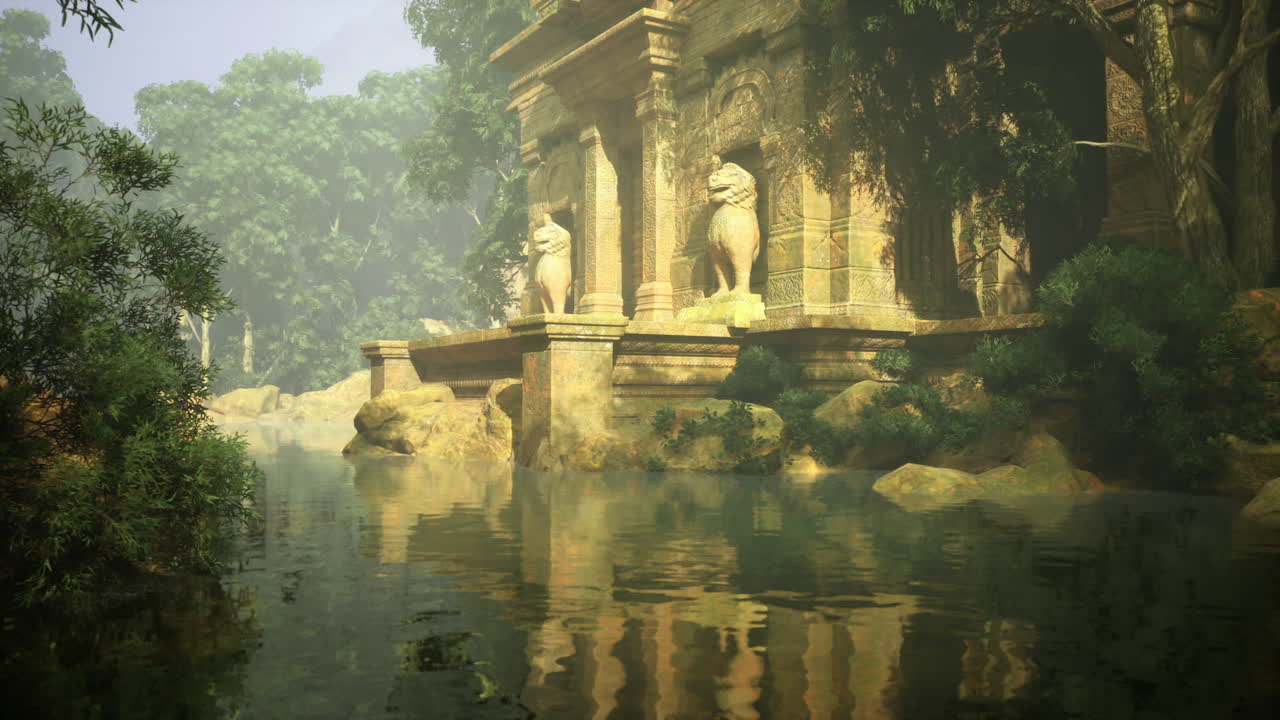 Säulentempel, geschmückt mit Steinstatuen, blickt auf spiegelndes Wasser.