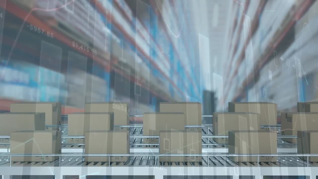 Animazione di elaborazione statistica sopra scatole di cartone su nastri trasportatori.