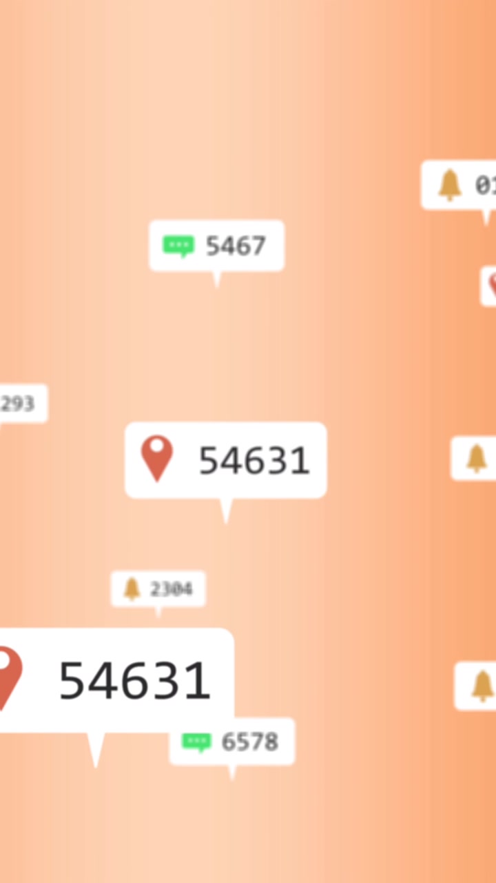 Animation of changing numbers and icons in notification boxes against gradient background