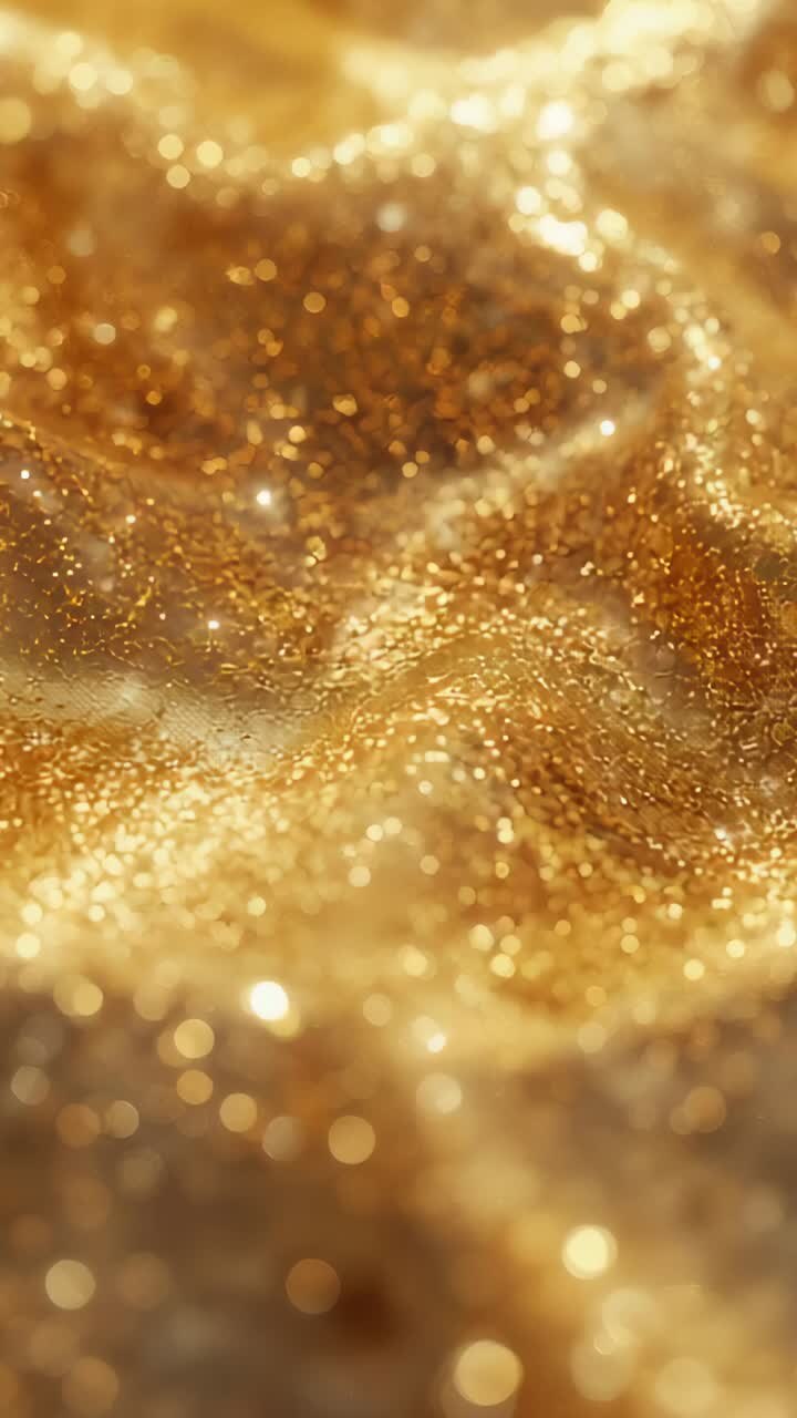 Vertical video: Shifting focus camera sweeping macro studio to reveal golden granules and bokeh