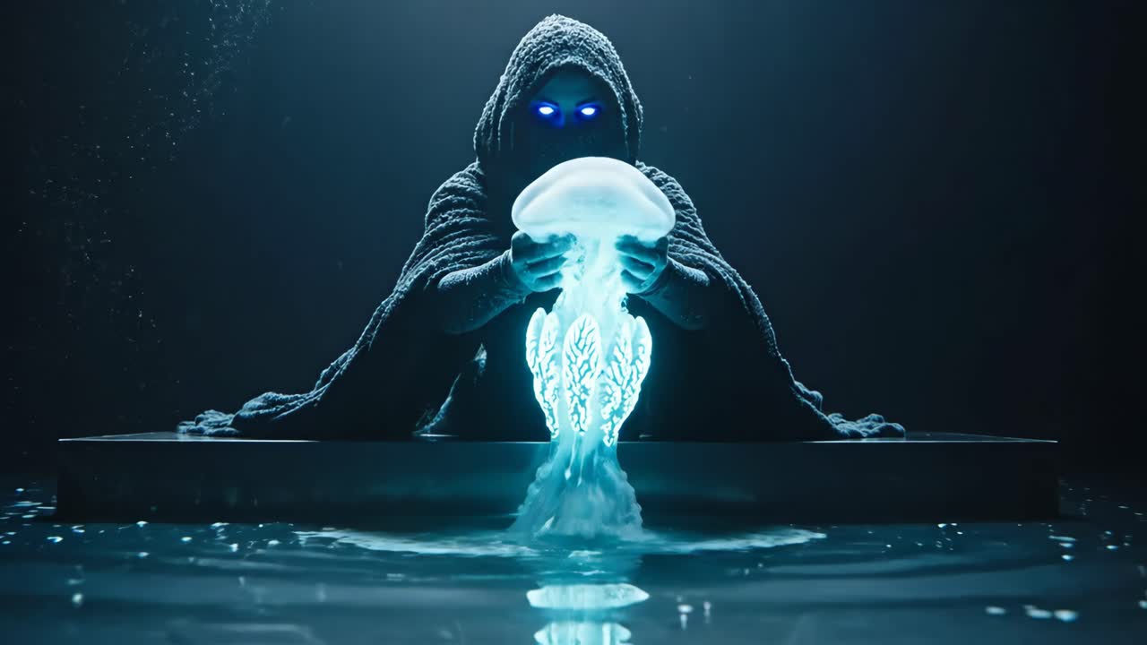 A mysterious hooded figure holding a glowing jellyfish