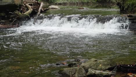 Waterfall-near-Covered-Bridge,-Thomas-Mill-at-the-Wissahickon-Creek