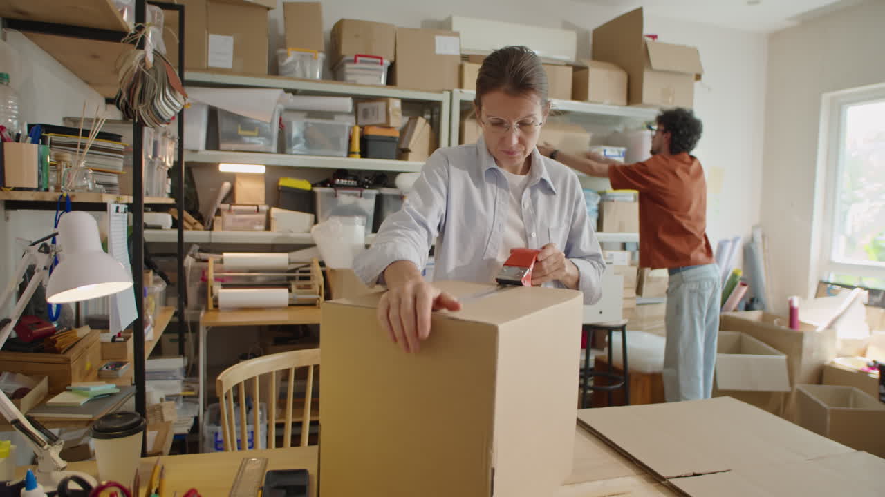 Female Worker Preparing Box in Delivery Service Office