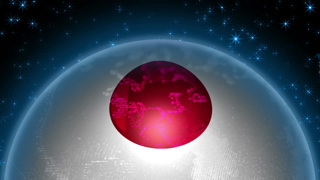 Japan flag strung on planet Earth. Abstraction of a globe with the contours of the continents.