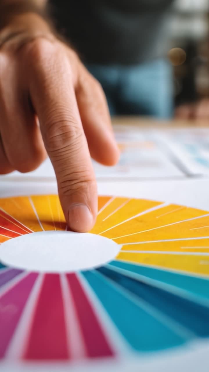 Esplorando la teoria dei colori: un primo piano di una mano con un display a ruota dei colori su un tavolo per applicazioni di design creativo.