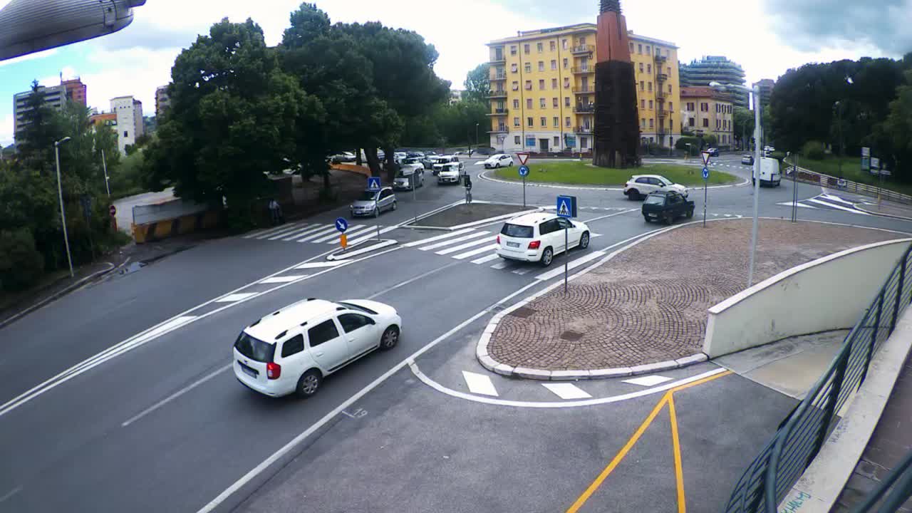 Busy road with car moving in a roundabout in a cloudy day