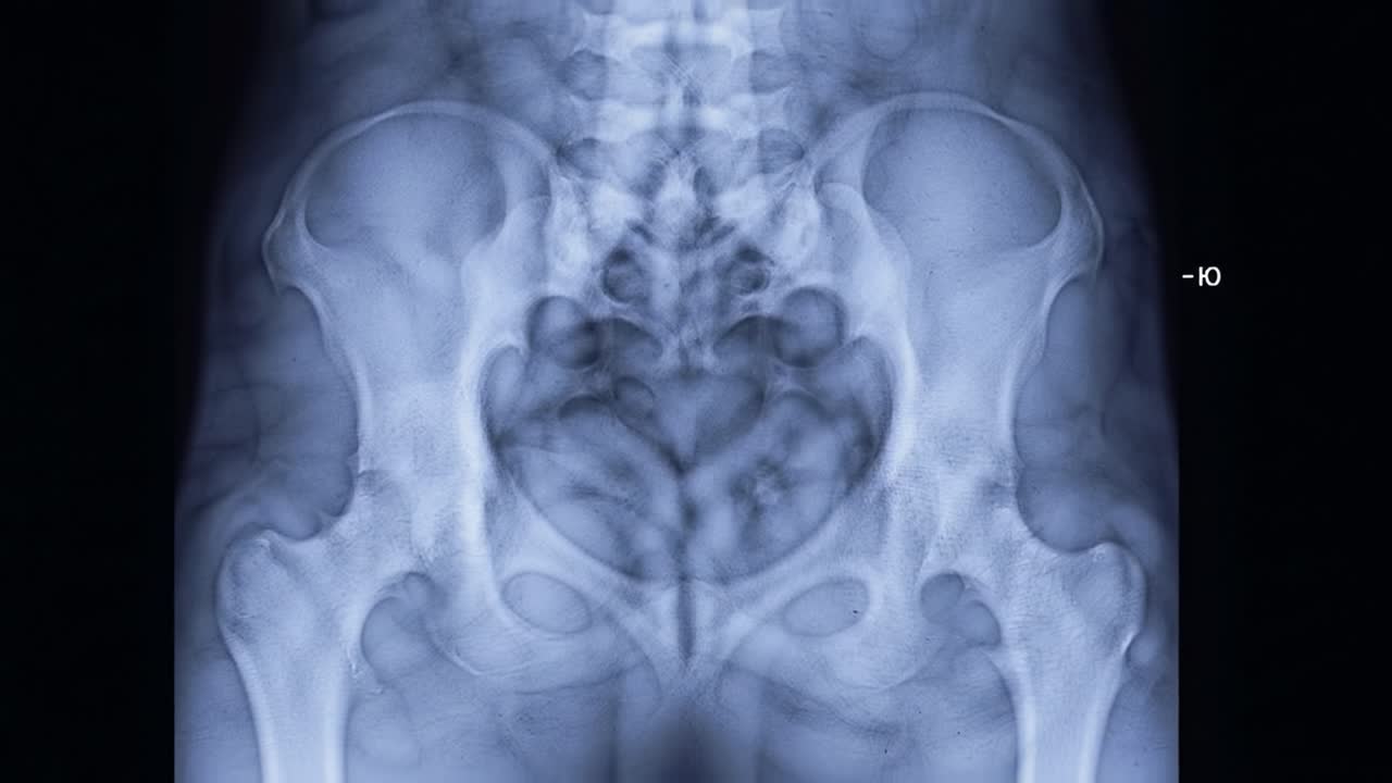 This radiographic display presents a detailed view of the human pelvic anatomy, showcasing the bone structure. The clarity in the outline highlights the features necessary for medical analysis.