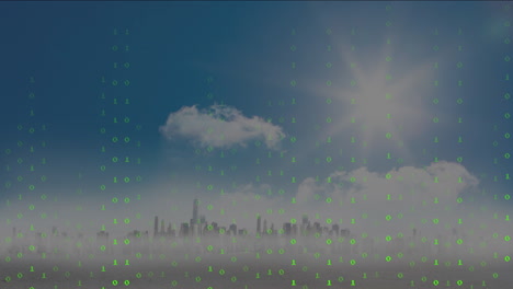 city skyline under clear sky with binary code animation overlay
