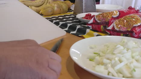 high speed time lapse of person slicing onions on cutting board preparing delicious meal in kitchen