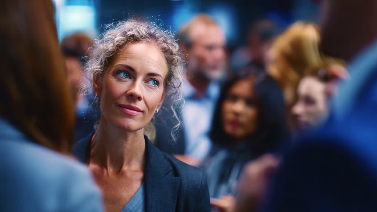 A focused woman stands in a bustling crowd, exuding confidence and curiosity while engaging in a dynamic atmosphere full of conversations and connections