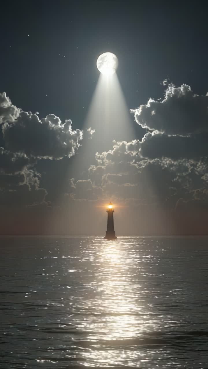 Una tranquilla scena notturna con un faro illuminato dal chiaro di luna, che proietta un raggio guida sulle acque calme sotto un cielo stellato