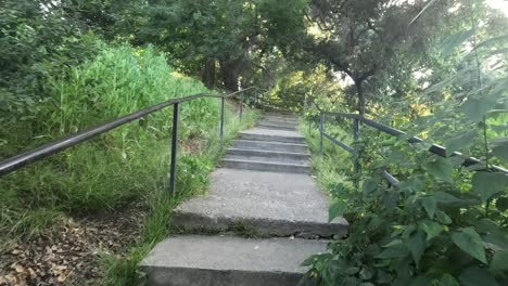 Stairs-up-a-hill-in-a-botanical-garden---first-person-view-walking