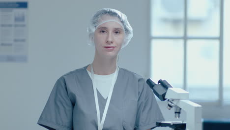 científica mirando al microscopio y posando para la cámara en el laboratorio