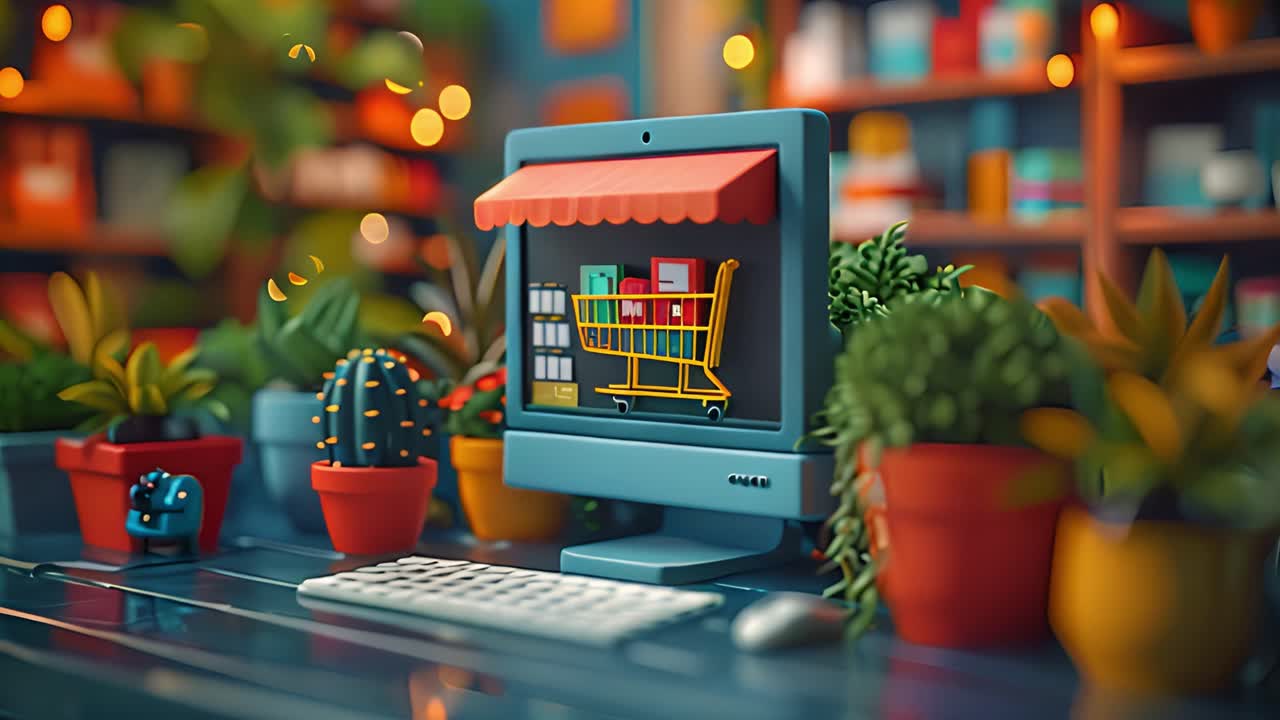 Online Shopping Concept with Digital Monitor and Plants