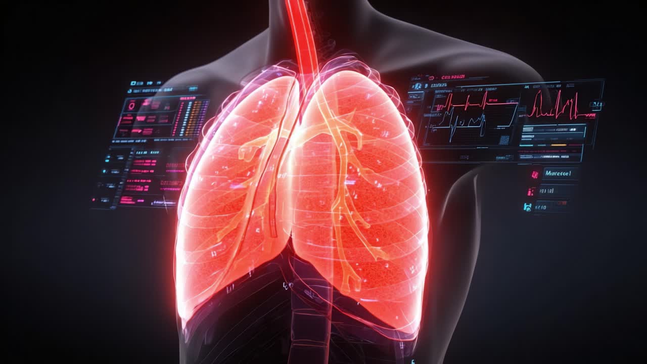 Rappresentazione visiva dei polmoni e dei dati respiratori che mostra una struttura anatomica dettagliata e metriche sulla salute in un formato high-tech.