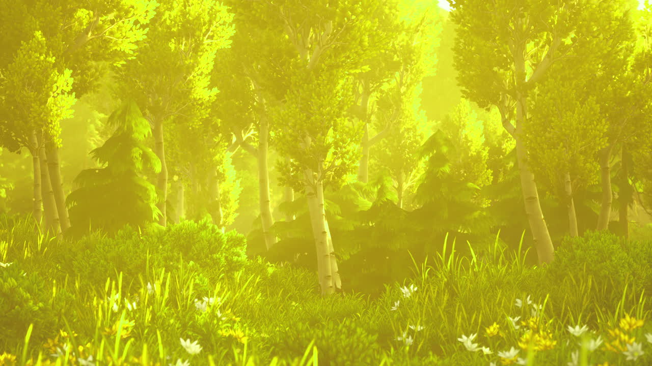 자연 속에서 황금빛의 빛으로 빛나는 활기찬 숲 풍경