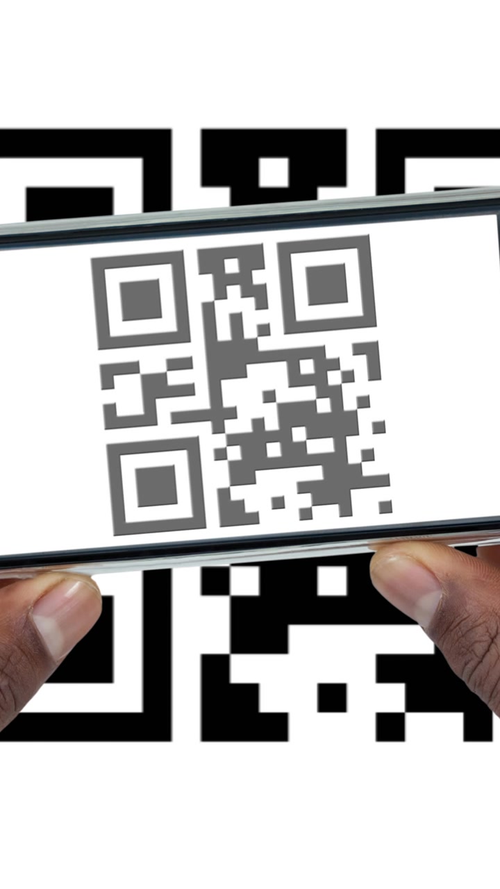 Animation of man scanning qr code with smartphone on white background