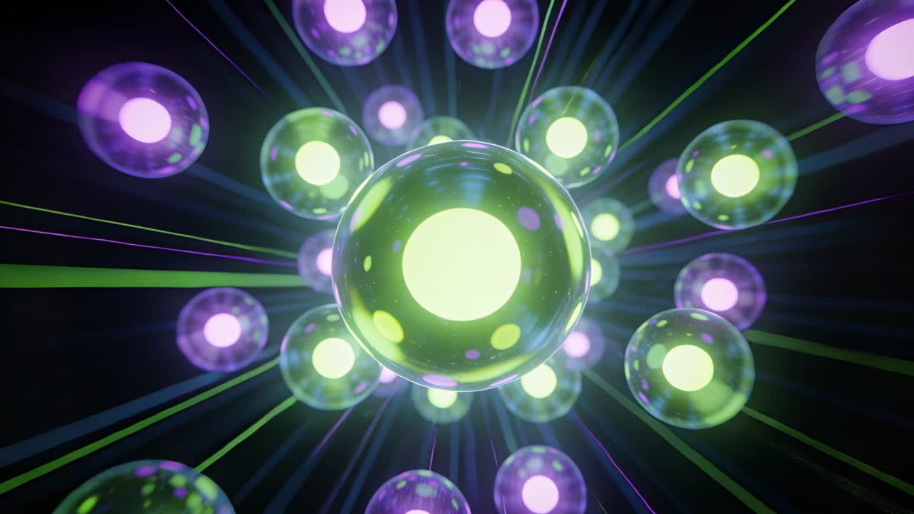 Telecamera che si avvicina, sfera centrale che cresce, raggi luminosi, rivelando un nucleo color lime, punti viola per la tecnologia.