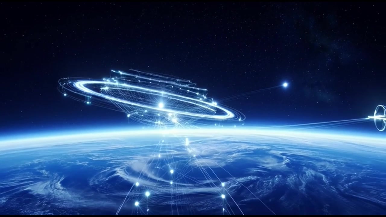 Futuristic Spacecraft Orbiting Earth with Digital Data Network