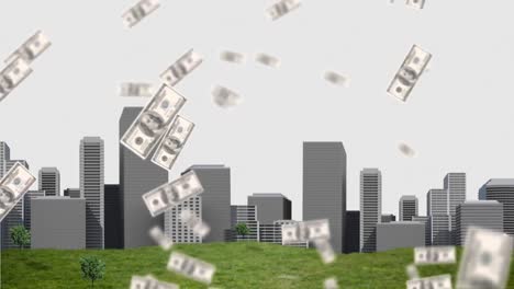 Animation-of-banknotes-falling-over-cityscape