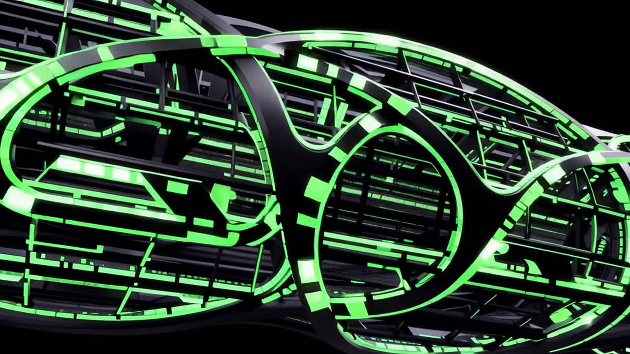 Futuristic Green Neon Grid Structure Rotating on Black Background