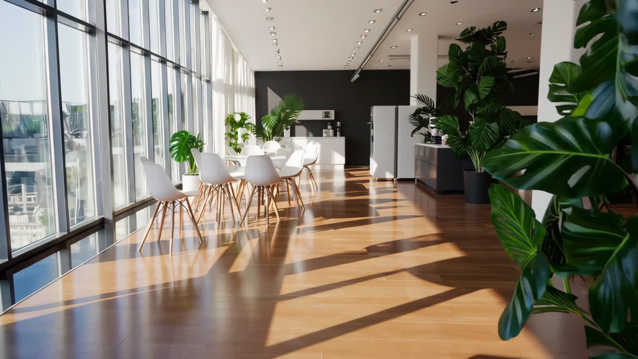 A modern and bright dining area with white tables and chairs, large windows, and plants