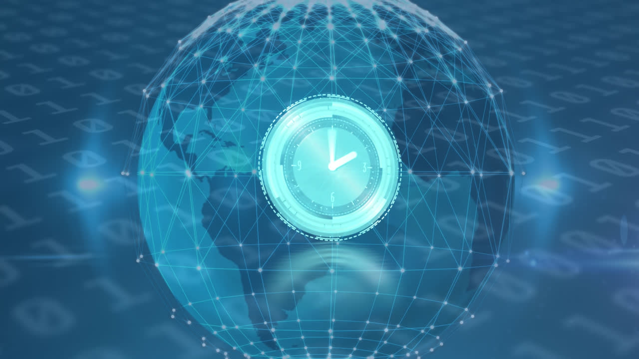 Animation of clock moving over globe, connections and binary code on blue background