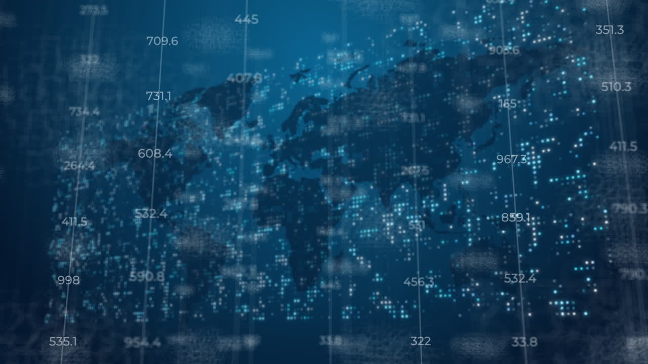 Electronic scoreboard with changing numbers on blue background of world map and flashing dots. Looped motion graphics.