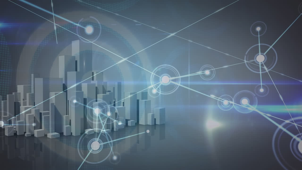 Animation of network of connections with icons over city