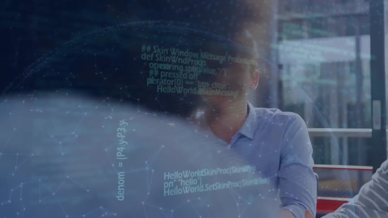 Animation of connected dots on globe, computer language over diverse coworkers discussing reports