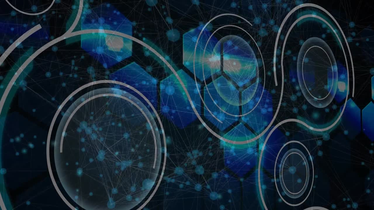 Animation of network of connections over shapes on black background