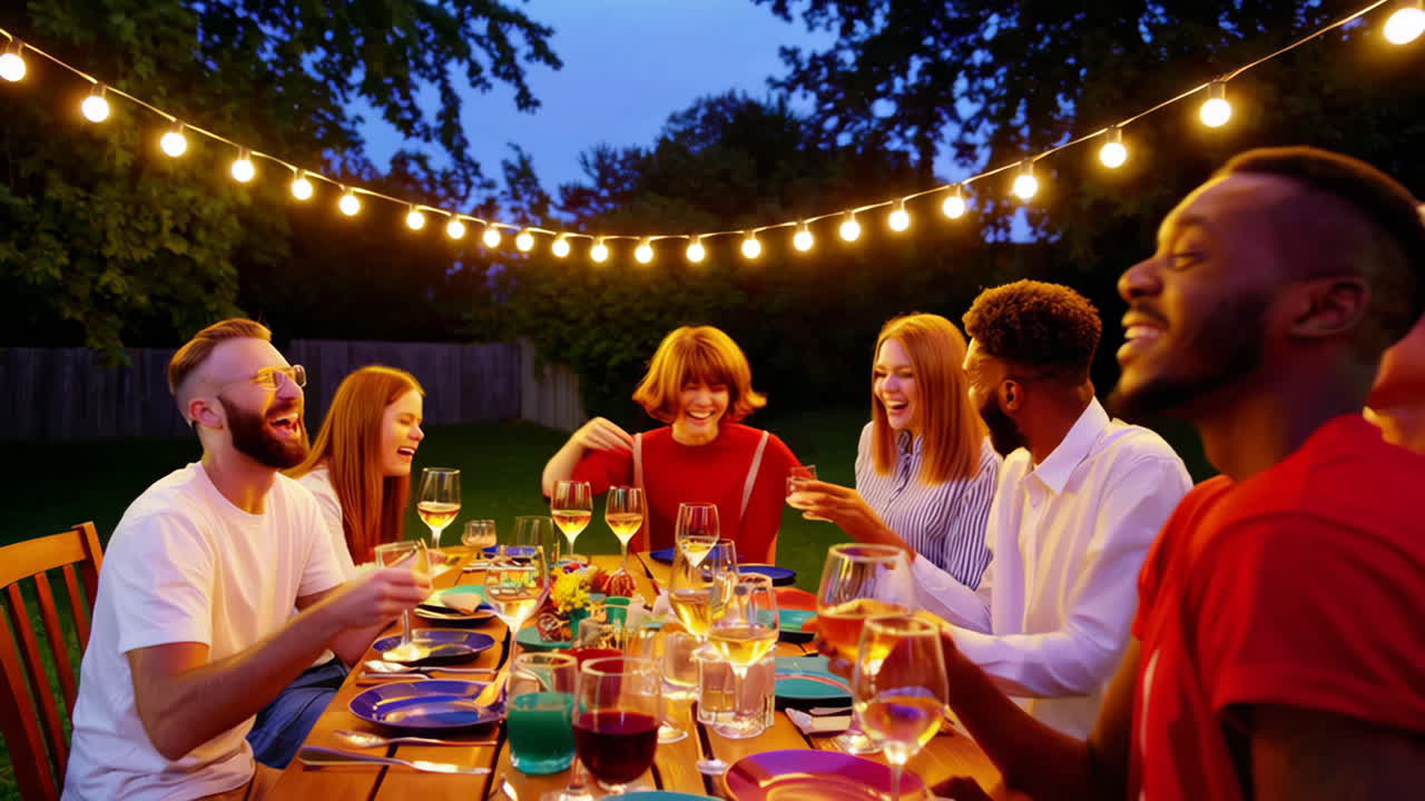 Friends toasting with drinks at an outdoor dinner party