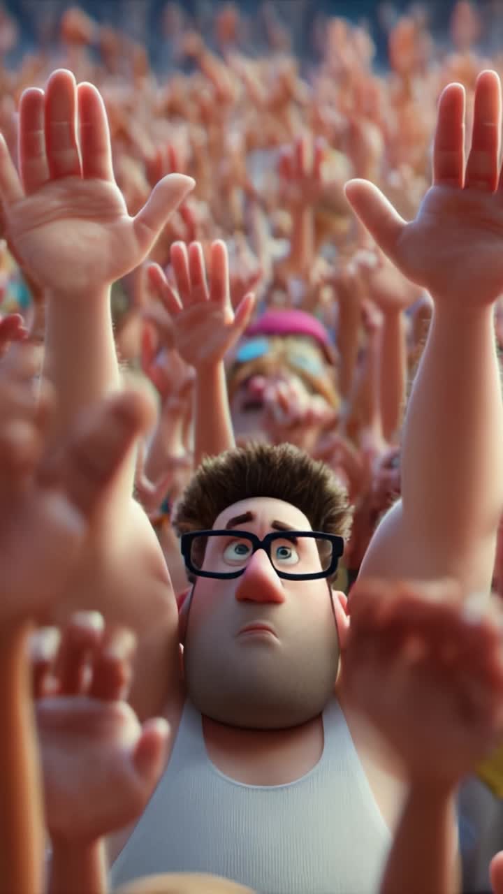 An Animated Character Surrounded by a Crowd with Outstretched Hands, Capturing a Moment of Anticipation and Emotion in a Vibrant Setting Full of Energy