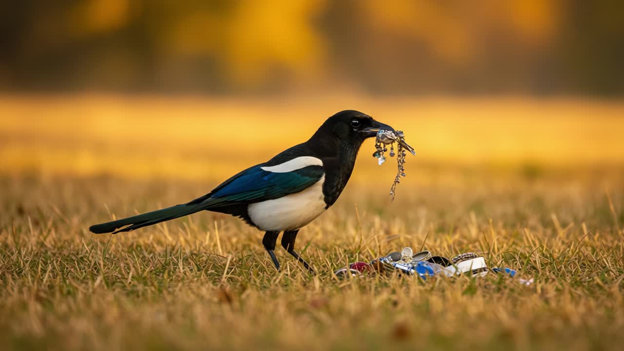 A Magpie forages in a sunlit field, showcasing its vibrant plumage and keen intelligence as it inspects discarded items for treasures and sustenance