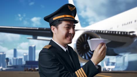 close up of asian man pilot in professional uniform launching paper plane, holding jet model in hands, aviation academy aviator, aircraft captain in airfield with airplane on background