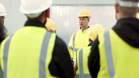 factory, workers and group with manager in meeting