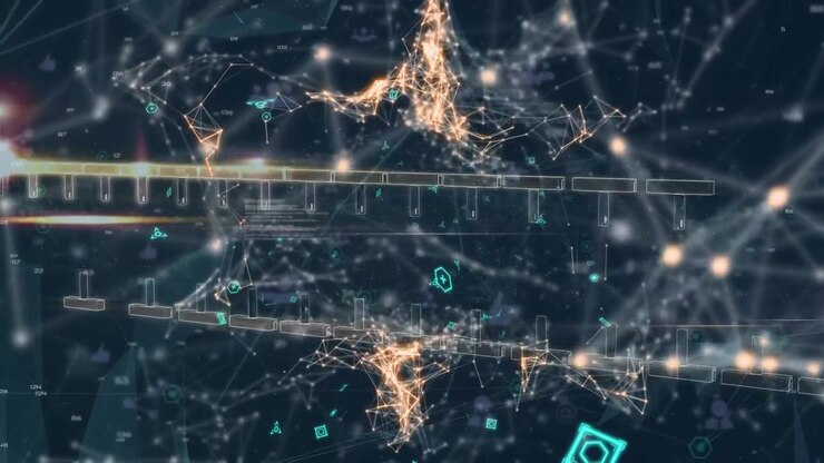Animation of data processing and connections on black background