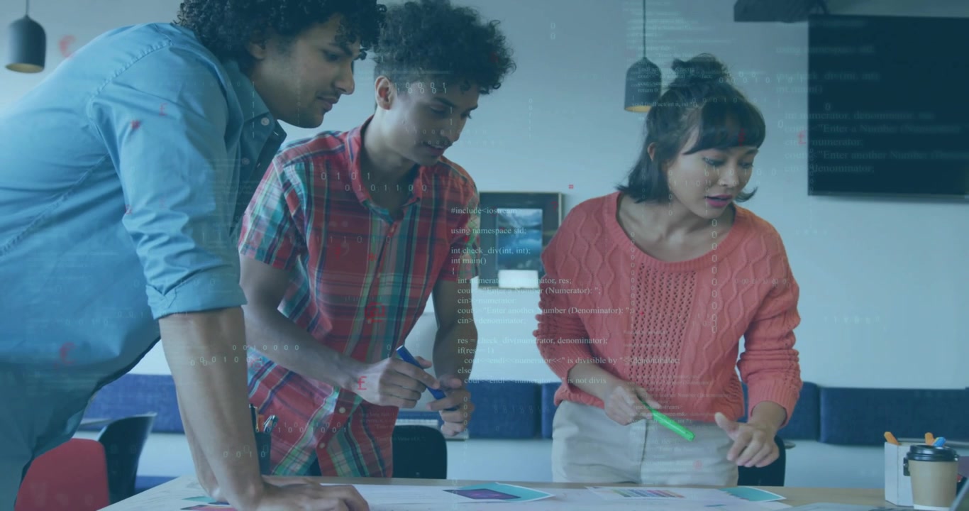 Designers leaning over table, center pointing with blue marker activating animated notes for design
