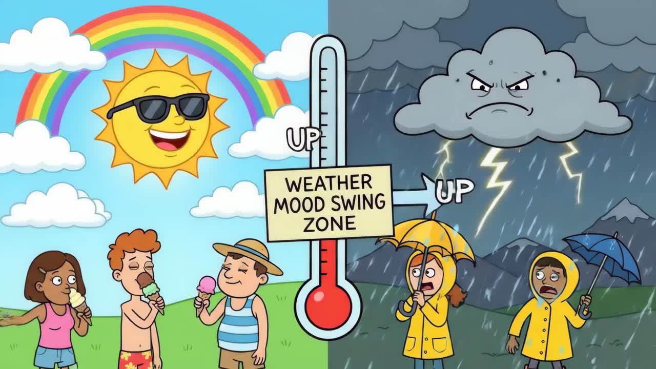 Cartoon Depicting Weather Mood Swings and Children's Reactions