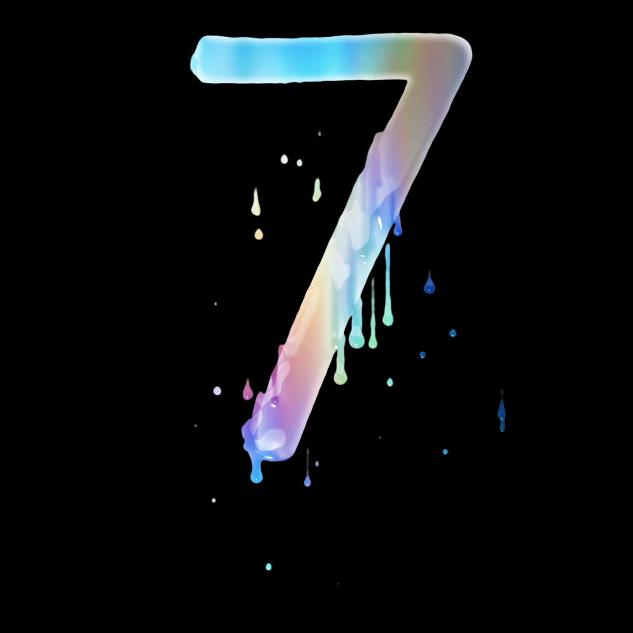 Animated Iridescent Dripping Number Seven on Black Background